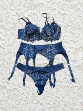 Vintage Dita Von Teese Navy Blue Lace Bra, Garter Belt & Thong Lingerie Set